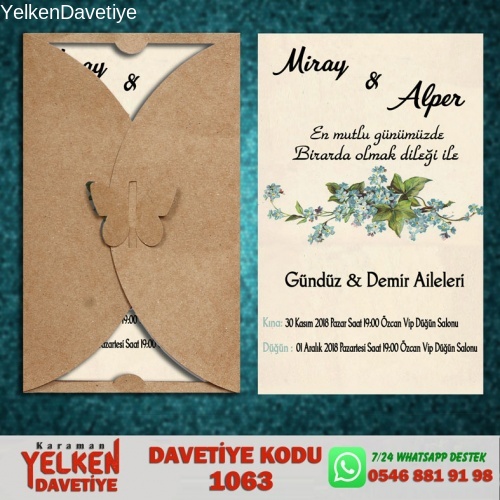 1000 Adet Kelebek Kraft Zarflı Davetiye Modeli