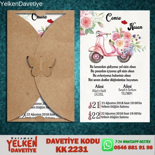 1000 Adet Kelebek Kraft Zarflı Davetiye Modeli