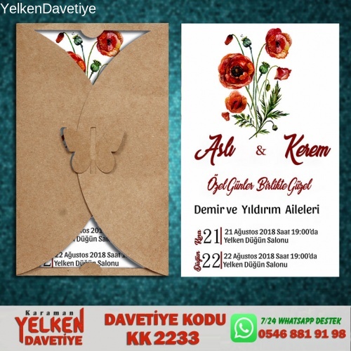 1000 Adet Kelebek Kraft Zarflı Davetiye Modeli