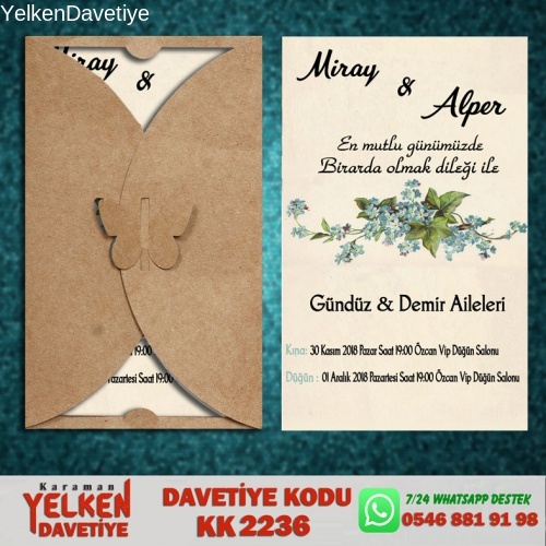 1000 Adet Kelebek Kraft Zarflı Davetiye Modeli
