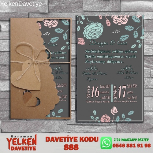 1000 Adet Flower Kraft Zarflı Davetiye Modeli