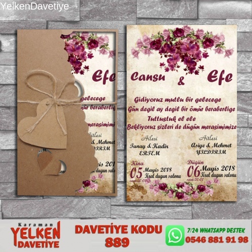 1000 Adet Flower Kraft Zarflı Davetiye Modeli