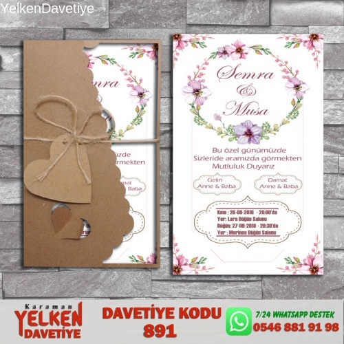 1000 Adet Flower Kraft Zarflı Davetiye Modeli