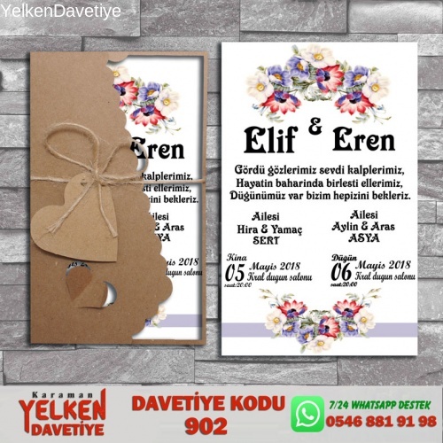 1000 Adet Flower Kraft Zarflı Davetiye Modeli