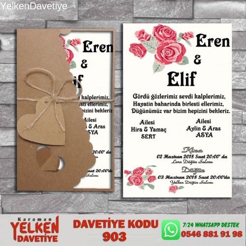 1000 Adet Flower Kraft Zarflı Davetiye Modeli