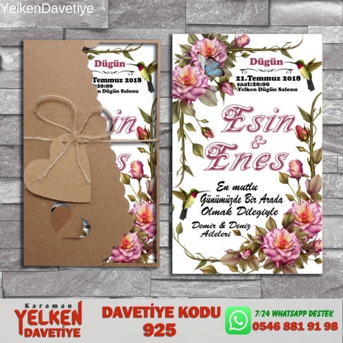 1000 Adet Flower Kraft Zarflı Davetiye Modeli