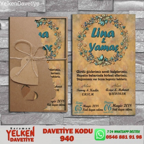 1000 Adet Flower Kraft Zarflı Davetiye Modeli