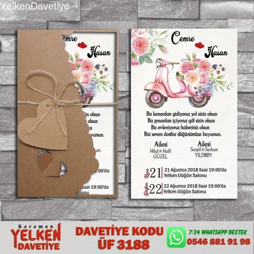 1000 Adet Flower Kraft Zarflı Davetiye Modeli