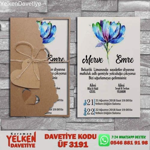 1000 Adet Flower Kraft Zarflı Davetiye Modeli