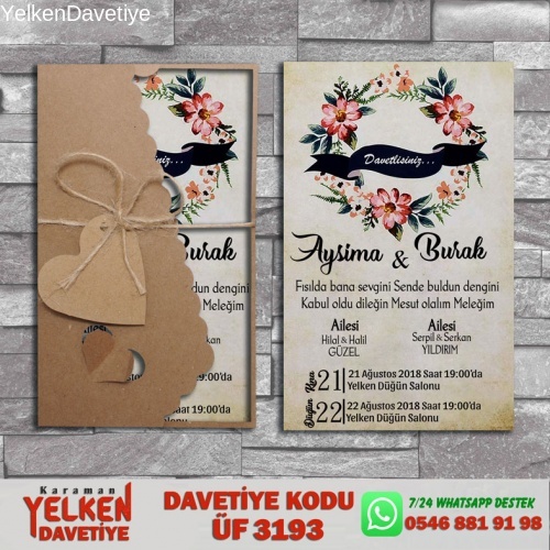 1000 Adet Flower Kraft Zarflı Davetiye Modeli