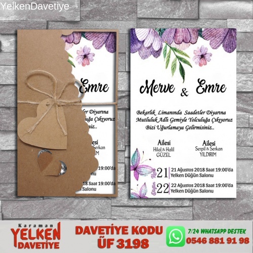 1000 Adet Flower Kraft Zarflı Davetiye Modeli