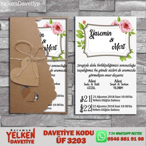 1000 Adet Flower Kraft Zarflı Davetiye Modeli