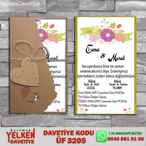 1000 Adet Flower Kraft Zarflı Davetiye Modeliv