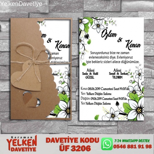 1000 Adet Flower Kraft Zarflı Davetiye Modeliv