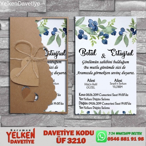 1000 Adet Flower Kraft Zarflı Davetiye Modeliv