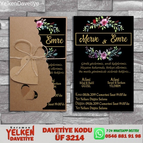 1000 Adet Flower Kraft Zarflı Davetiye Modeliv