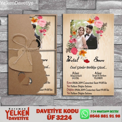1000 Adet Flower Kraft Zarflı Davetiye Modeli