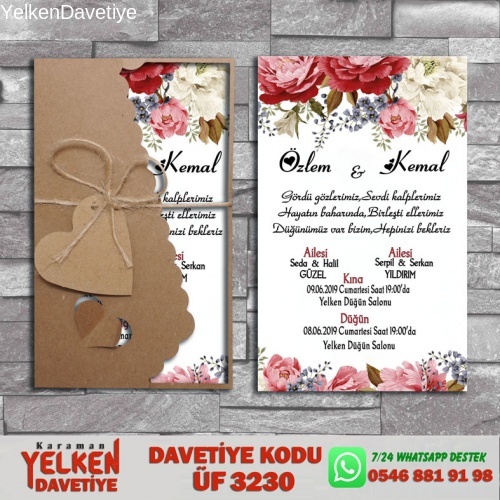 1000 Adet Flower Kraft Zarflı Davetiye Modeli