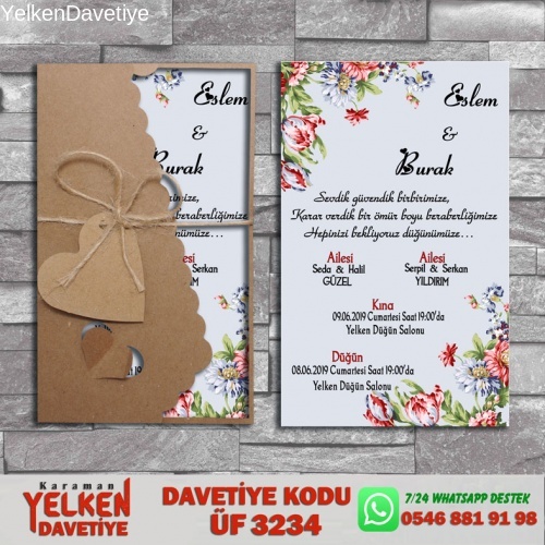 1000 Adet Flower Kraft Zarflı Davetiye Modeli