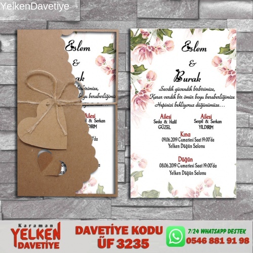 1000 Adet Flower Kraft Zarflı Davetiye Modeli