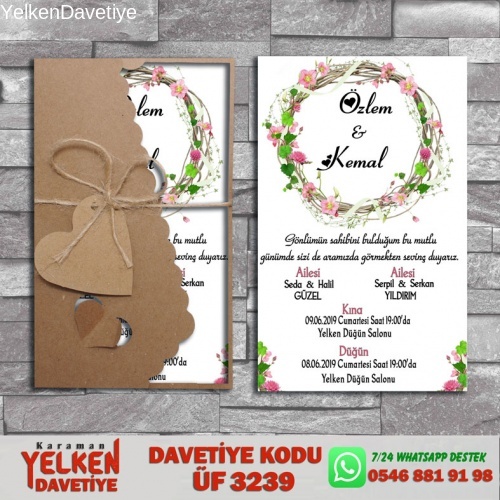 1000 Adet Flower Kraft Zarflı Davetiye Modeli