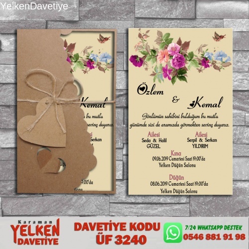 1000 Adet Flower Kraft Zarflı Davetiye Modeli