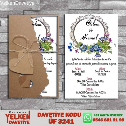 1000 Adet Flower Kraft Zarflı Davetiye Modeli
