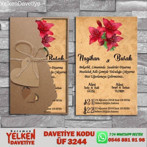 1000 Adet Flower Kraft Zarflı Davetiye Modeli