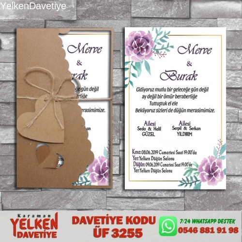 1000 Adet Flower Kraft Zarflı Davetiye Modeli