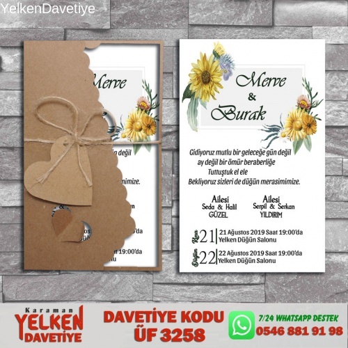 1000 Adet Flower Kraft Zarflı Davetiye Modeli