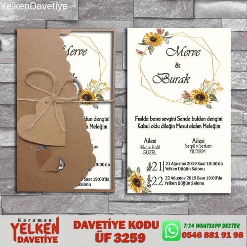 1000 Adet Flower Kraft Zarflı Davetiye Modeli