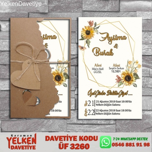 1000 Adet Flower Kraft Zarflı Davetiye Modeli