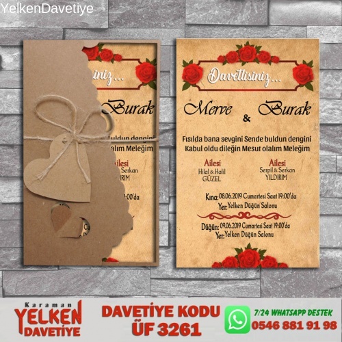 1000 Adet Flower Kraft Zarflı Davetiye Modeli