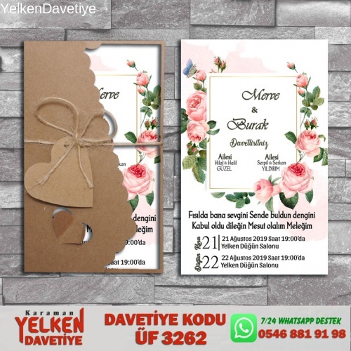 1000 Adet Flower Kraft Zarflı Davetiye Modeli