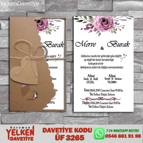 1000 Adet Flower Kraft Zarflı Davetiye Modeli