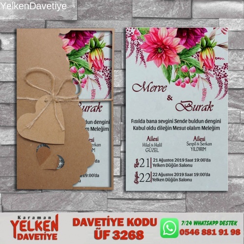 1000 Adet Flower Kraft Zarflı Davetiye Modeli