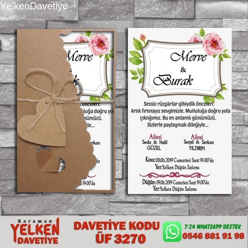 1000 Adet Flower Kraft Zarflı Davetiye Modeli