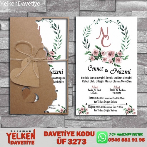 1000 Adet Flower Kraft Zarflı Davetiye Modeli