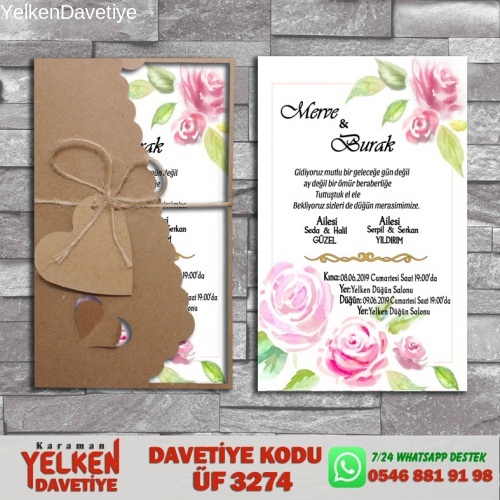 1000 Adet Flower Kraft Zarflı Davetiye Modeli