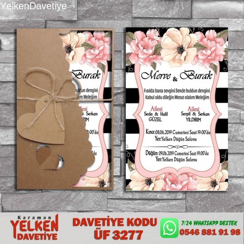 1000 Adet Flower Kraft Zarflı Davetiye Modeli