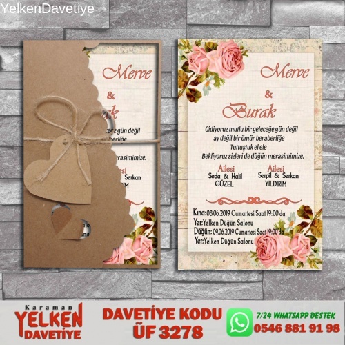 1000 Adet Flower Kraft Zarflı Davetiye Modeli