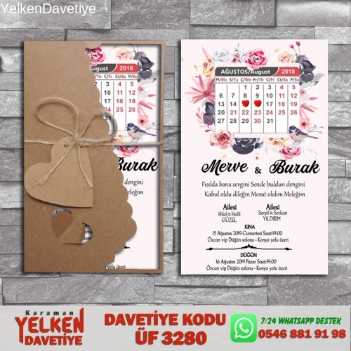 1000 Adet Flower Kraft Zarflı Davetiye Modeli