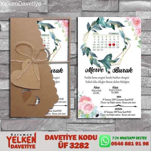 1000 Adet Flower Kraft Zarflı Davetiye Modeli