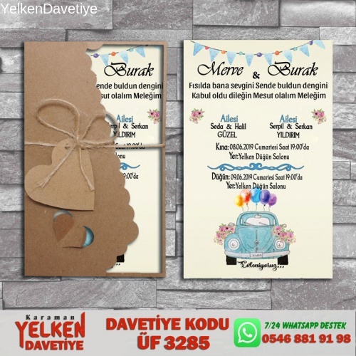 1000 Adet Flower Kraft Zarflı Davetiye Modeli