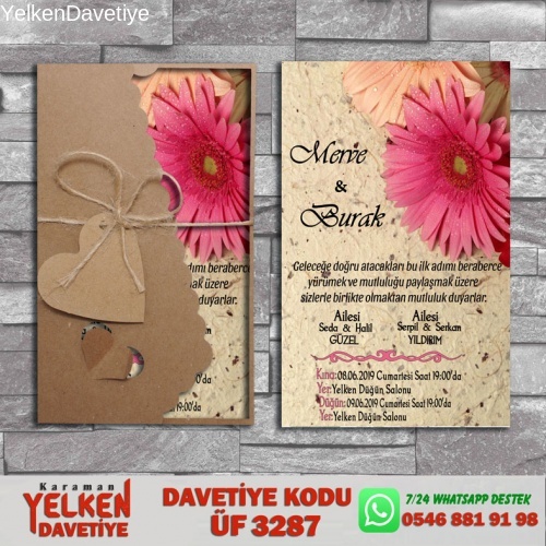 1000 Adet Flower Kraft Zarflı Davetiye Modeli
