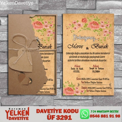 1000 Adet Flower Kraft Zarflı Davetiye Modeli