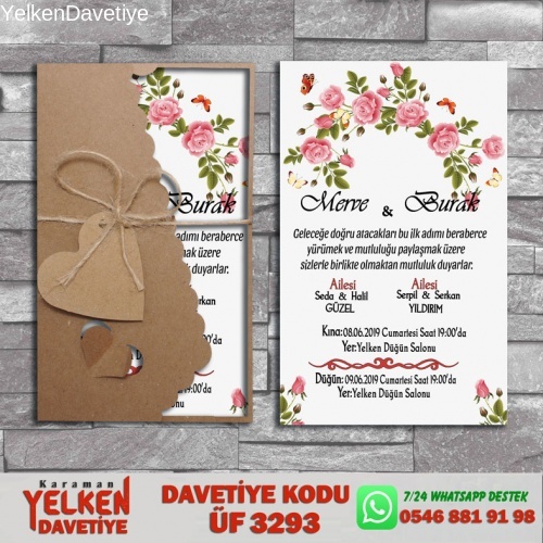 1000 Adet Flower Kraft Zarflı Davetiye Modeli