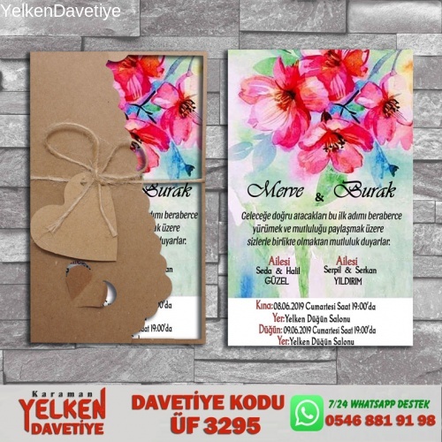 1000 Adet Flower Kraft Zarflı Davetiye Modeli