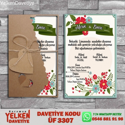 1000 Adet Flower Kraft Zarflı Davetiye Modeli