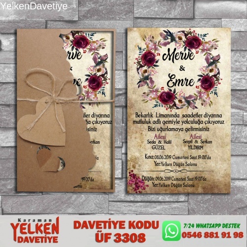 1000 Adet Flower Kraft Zarflı Davetiye Modeli